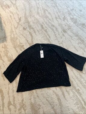 Eileen Fisher Black JWL neck 3/4 sleeve sweater in merino sequin
